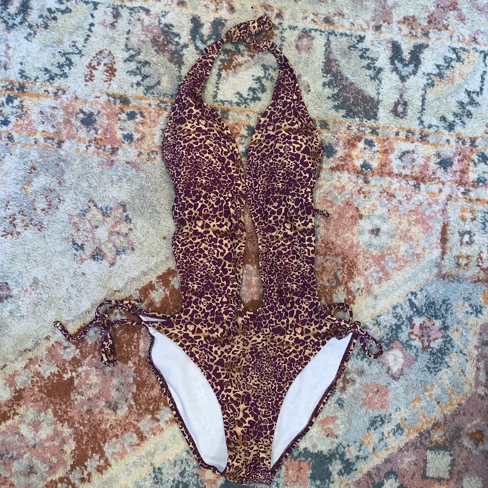 Beach Joy Cut Out Purple Leopard Print Halter One Piece Swimsuit Beach small